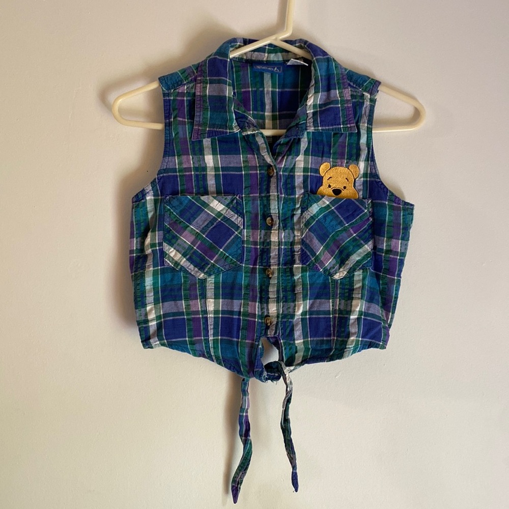 Vintage Disney Pooh Multi-Color Plaid Button Down Tie-Front Sleeveless Crop Top